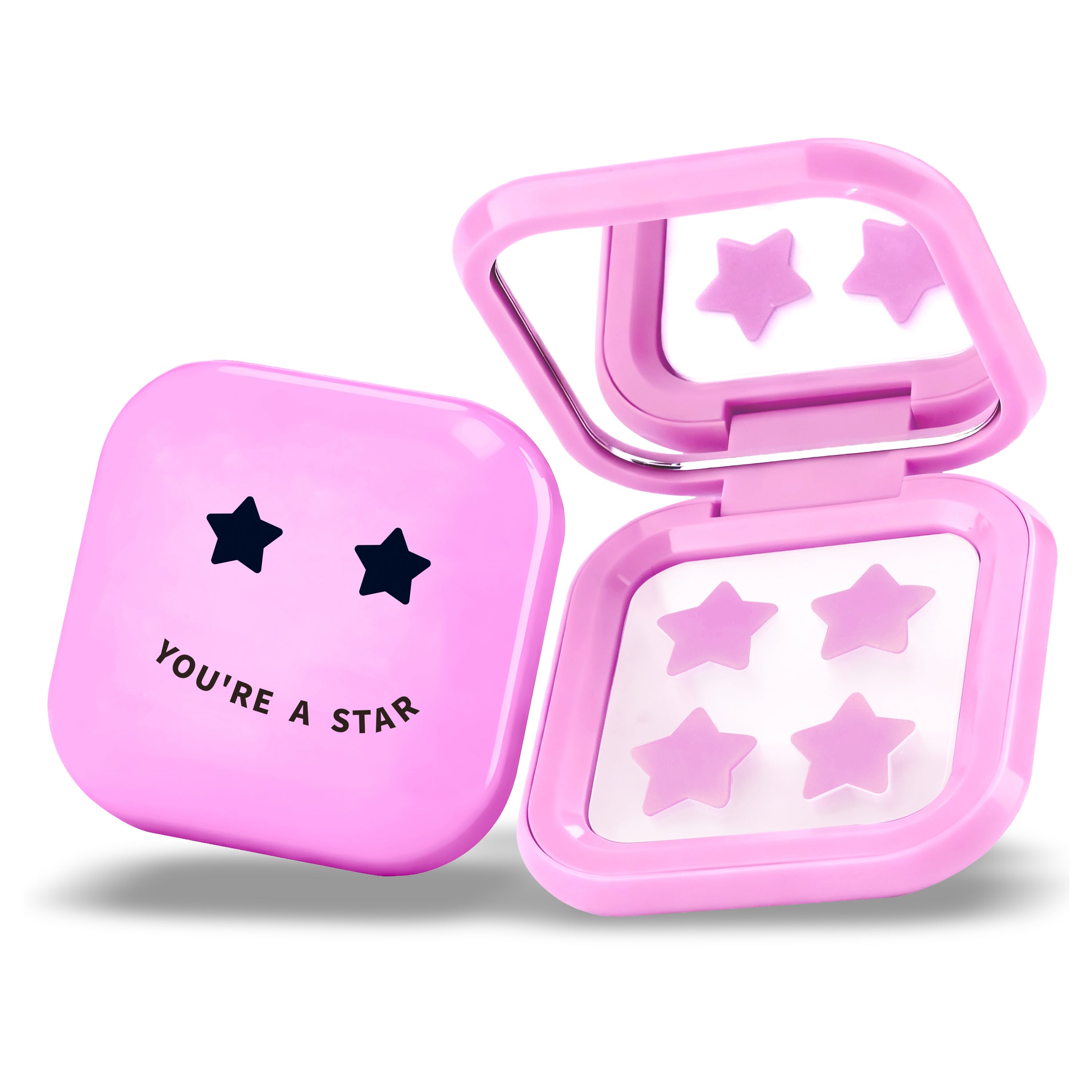 PIMPLE STAR PATCHES & MIRROR CASE Pink Pimple Patches - Anti-Blemish Stars in portable mirror case, 32 patches